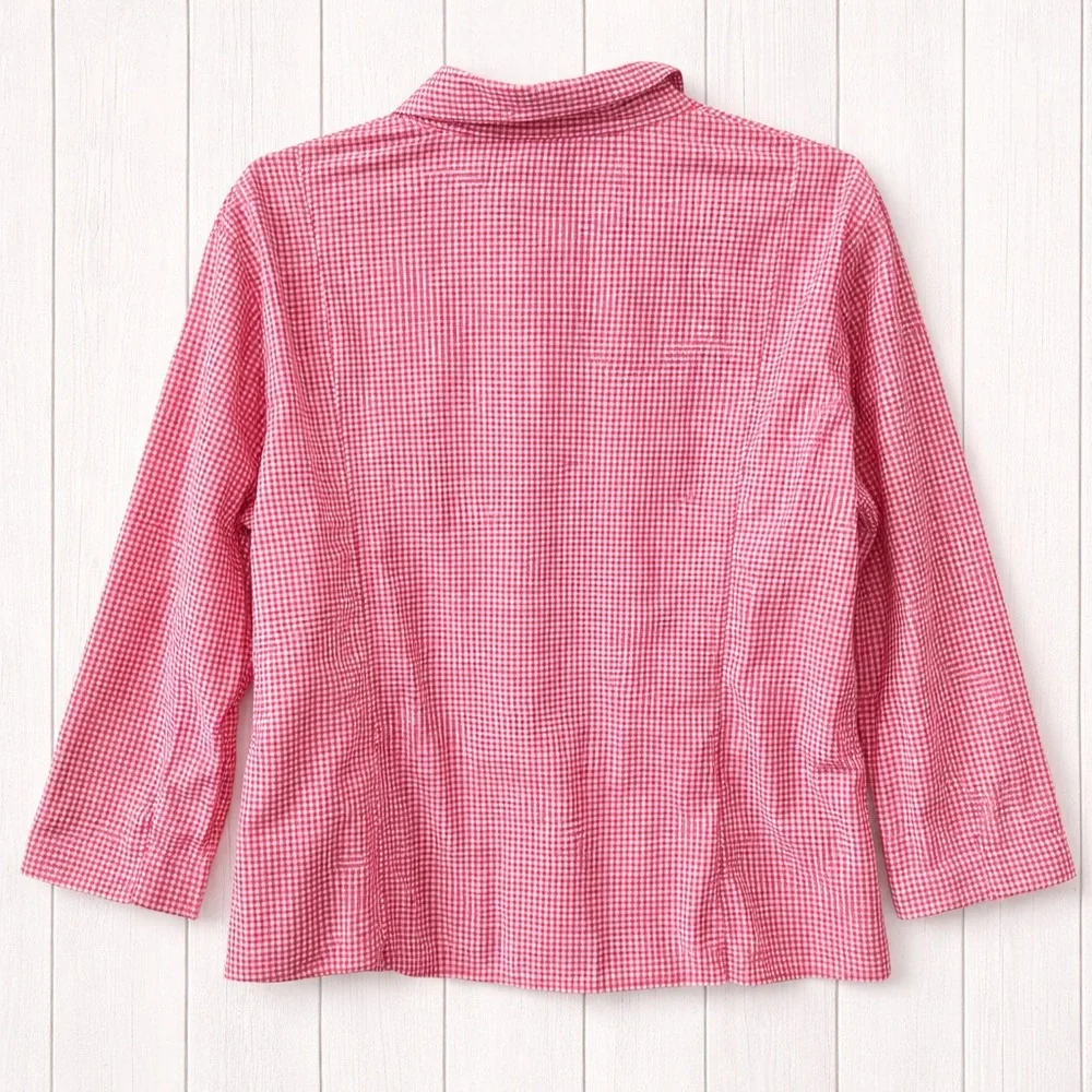 🩷 Cleo Pink & White Gingham Checkered Blouse Women’s Large Cotton Stretch - Picture 6 of 6